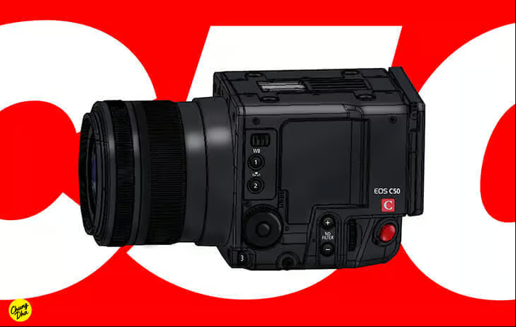 Canon EOS C50 추정 박스 스타일 시네마 카메라의 렌더링 이미지. 컴팩트한 폼팩터에 다양한 조작 버튼이 측면에 배치되어 있으며, 배경에는 붉은색으로 'C50' 텍스트가 강조되어 있다.