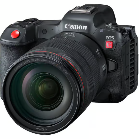 Canon EOS R5 C 시네마 하이브리드 카메라의 측면 이미지. RF 24-70mm F2.8 L IS USM 렌즈가 장착되어 있으며, 상단에는 빨간색 전용 REC 버튼과 시네마 EOS 마크가 보인다.