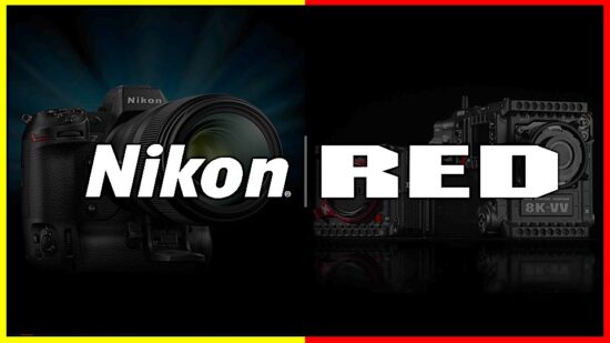 왼쪽에는 Nikon DSLR 카메라, 오른쪽에는 RED 8K 시네마 카메라가 나란히 배치되어 있고, 중앙에는 Nikon | RED 협업 로고가 강조되어 있는 이미지. 상단과 테두리는 노란색과 빨간색으로 구성되어 있다.