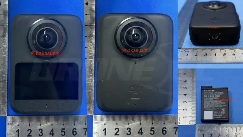 FCC 인증 과정에서 유출된 DJI Osmo 360 실물 이미지. 전면 디스플레이, 듀얼 렌즈 구조, 측정자와 배터리 포함