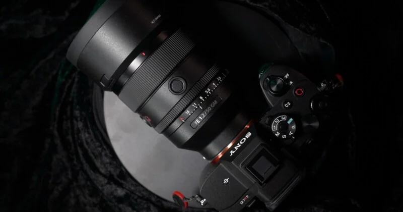 Sony A7R V 카메라에 G Master 렌즈 장착된 모습, 상단에서 촬영된 조작부