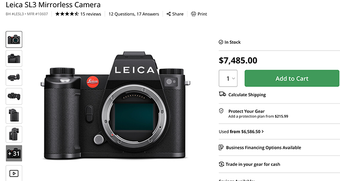 B&H에서 판매 중인 Leica SL3 미러리스 카메라 제품 페이지. 가격은 $7,485이며, 제품은 현재 재고 있음 상태로 표시되어 있다.