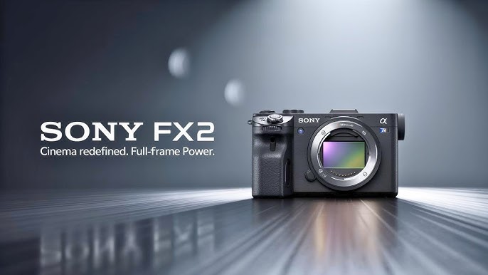 Sony FX2 카메라가 어두운 배경과 조명을 받은 스튜디오 환경에서 디스플레이되고 있으며, 왼쪽에는 "SONY FX2 - Cinema redefined. Full-frame Power."라는 문구가 쓰여 있다.