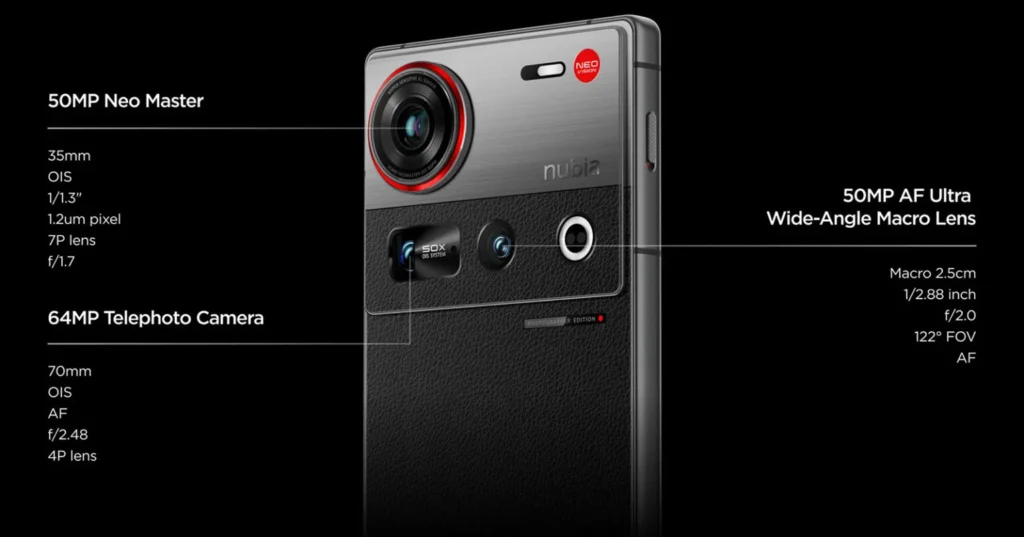 Nubia Z70S Ultra의 카메라 스펙 구성도. 50MP Neo Master 35mm 메인 카메라, 64MP 70mm 망원, 50MP 초광각 매크로 렌즈로 구성된 후면 트리플 카메라 시스템이 설명되어 있다.