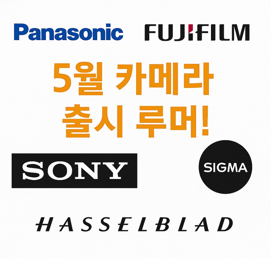 5월 카메라 출시 루머!”라는 문구가 중앙에 강조되어 있고, 주변에 Panasonic, Fujifilm, Sony, Hasselblad, Sigma의 로고가 배치된 이미지. 카메라 브랜드들의 신제품 발표를 암시하는 구성.