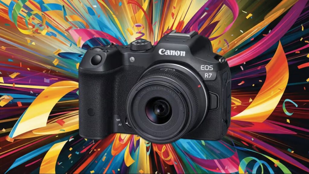 캐논 EOS R7 미러리스 카메라 제품 이미지, 화려한 배경 속 제품 홍보용 연출 컷