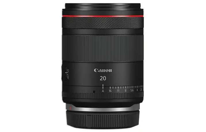 Canon RF 20mm f/1.4 L VCM 단렌즈의 정면 이미지. L 시리즈에 속하는 고성능 광각 단렌즈로, 정밀한 초점 조절을 위한 조리개 링과 VCM(Voice Coil Motor)을 채택해 빠르고 정밀한 AF를 지원한다. 풍경, 별사진, 건축 촬영에 최적화된 풀프레임용 RF 마운트 렌즈.