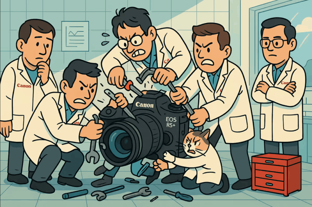 Canon 연구원들이 'EOS R5+' 카메라를 열심히 수리하고 있는 모습. 하나의 카메라를 여러 사람이 분해하며 고치려는 듯한 상황으로, Canon R5 시리즈 차기작 개발 과정을 유머러스하게 표현한 일러스트.