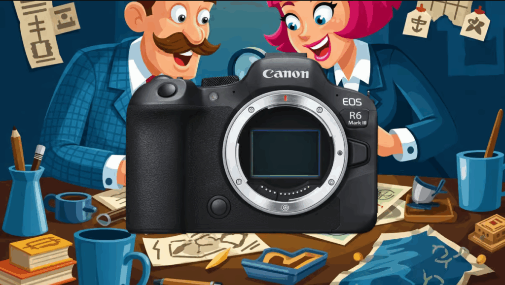 Canon EOS R6 Mark III 카메라의 일러스트 이미지. 만화 스타일의 배경에는 탐정처럼 보이는 남녀 캐릭터가 책상 위에서 설계도와 문서를 검토하고 있으며, 중앙에는 카메라 바디가 강조되어 있다.