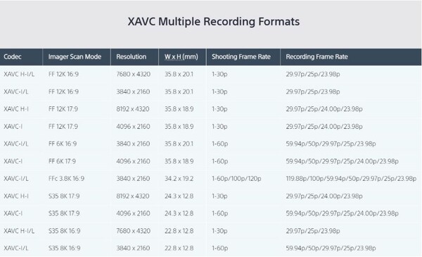 "XAVC Multiple Recording Formats"라는 제목의 표. 코덱, 이미저 스캔 모드, 해상도, W x H (mm), 슈팅 프레임 레이트, 레코딩 프레임 레이트 등 다양한 XAVC 녹화 포맷 사양을 보여준다. FF 12K, FF 8K, S35 8K 등 고해상도 옵션이 포함되어 있다.