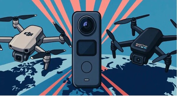 "세계 지도를 배경으로 DJI 드론, GoPro 드론, 그리고 중앙에 위치한 Insta360 스타일의 360도 카메라가 경쟁 구도를 형상화한 일러스트 이미지. 360도 카메라 및 드론 시장의 삼국지 경쟁을 상징적으로 표현함."