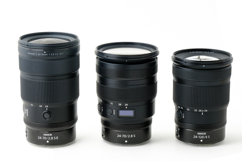 NIKKOR Z 24-70mm f/2.8 S II, NIKKOR Z 24-70mm f/2.8 S, NIKKOR Z 24-120mm f/4 S 렌즈 크기 비교