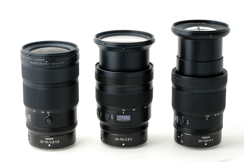 NIKKOR Z 24-70mm f/2.8 S II, 24-70mm f/2.8 S, 24-120mm f/4 S 렌즈를 망원으로 확장했을 때의 길이 비교