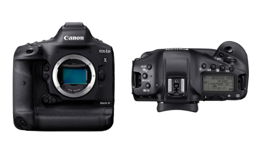 Canon EOS-1D X Mark III DSLR 카메라 전면과 상단 뷰 – 센서가 보이는 전면부와 LCD 패널이 있는 상단부