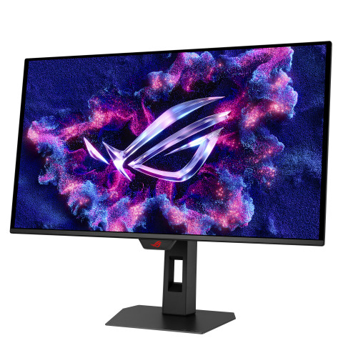 ASUS ROG Strix 게이밍 모니터 단독 제품 사진. 얇은 베젤과 견고한 스탠드를 갖춘 디자인으로, 모니터 화면에는 화려한 컬러의 ROG 로고 그래픽이 표시되어 있다.