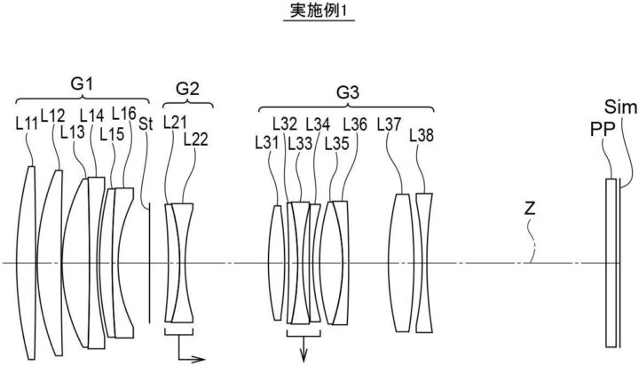 후지필름 GF 165mm F2.8 OIS 렌즈 특허 문서에 포함된 광학 설계도. 여러 군(group)으로 나뉜 렌즈 요소들이 배치되어 있으며, 수차 보정 및 손떨림 보정 구조가 포함되어 있다.
