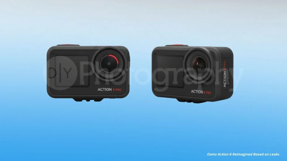 DJI Action 6 Pro 유출 렌더링 – 전면에서 본 듀얼 카메라 디자인과 측면 각도 뷰, 블랙 바디와 빨간색 포인트