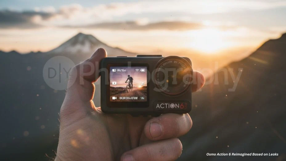 DJI Action 6 유출 이미지 – 손에 들린 액션6, 자전거 라이딩 화면이 표시된 전면 디스플레이와 산 정상 배경의 일몰 장면