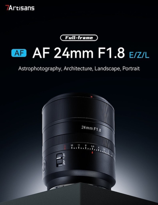 7Artisans AF 24mm f/1.8 풀프레임 렌즈 제품 이미지, 니콘 Z·라이카 L·소니 E 마운트 지원 표기
