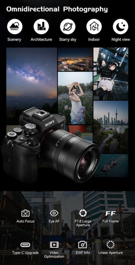 소니 풀프레임 카메라에 장착된 7Artisans AF 24mm f/1.8 렌즈와 풍경·인물·야경 샘플 사진 콜라주