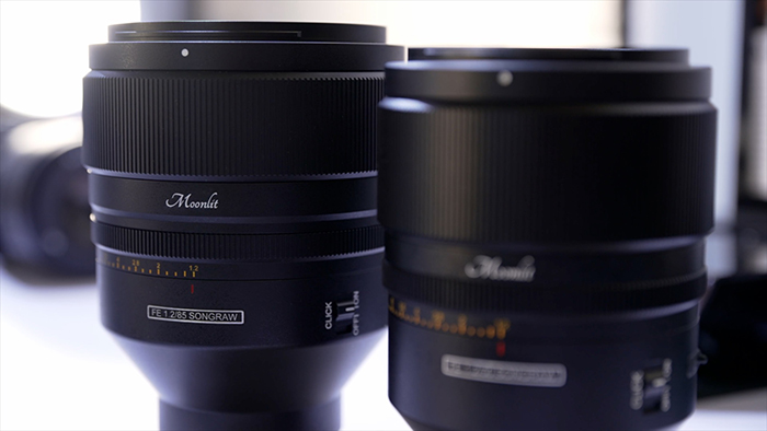 SongRAW Moonlit 85mm f/1.2 렌즈와 50mm f/1.2 렌즈 제품 사진, 블랙 알루미늄 바디와 조리개 링이 강조된 모습