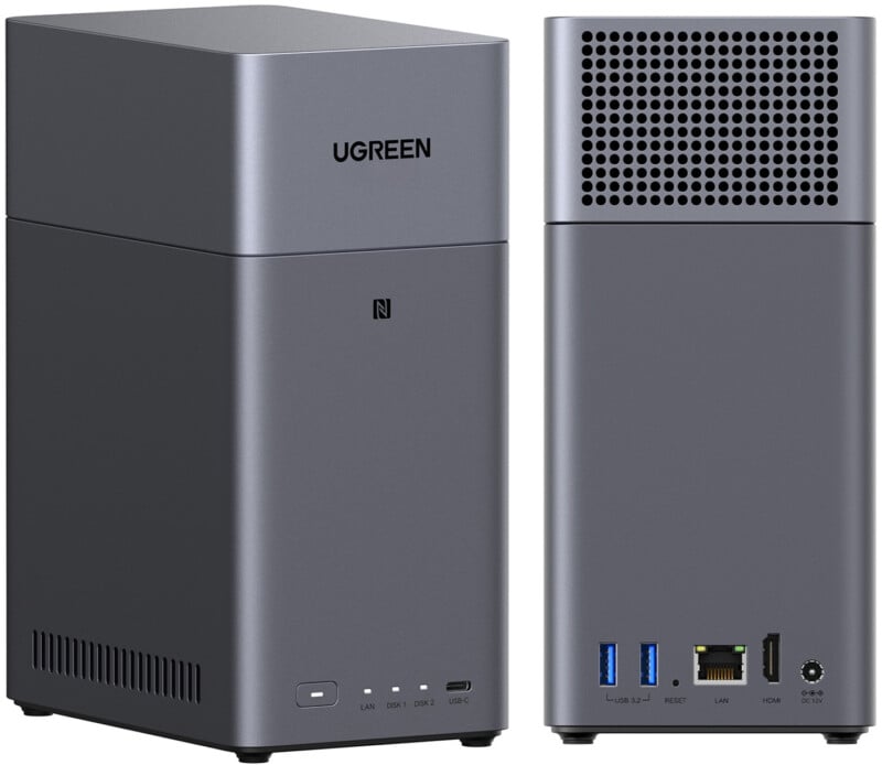 UGreen NASync DH2300 전면과 후면 디자인 – 포트, 통풍구, USB와 LAN 단자