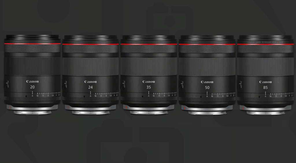 캐논 RF VCM 단렌즈 5종 – 20mm, 24mm, 35mm, 50mm, 85mm f/1.4 VCM이 나란히 배열된 제품 이미지