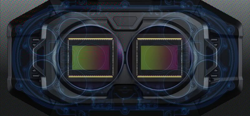 블랙매직 Ursa Cine Immersive 카메라 내부 구조 일러스트, 두 개의 대형 이미지 센서가 투명한 회로 그래픽과 함께 강조된 모습