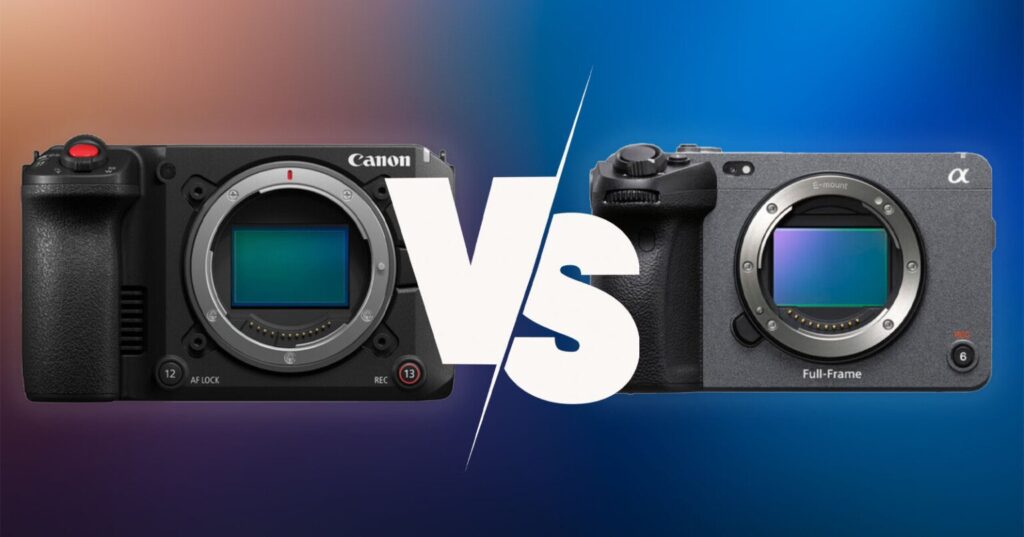 Canon EOS C50와 Sony FX3 풀프레임 시네마 카메라가 나란히 배치된 비교 이미지, 중앙에 VS 로고가 강조된 그래픽