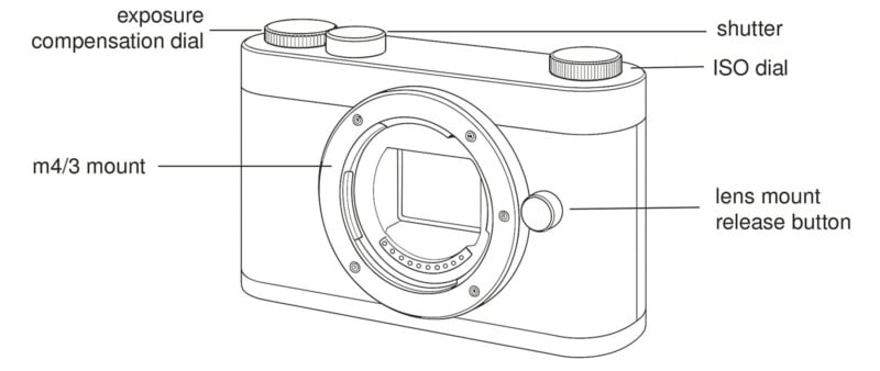Esquisse Camera 조작부 다이어그램 – ISO 다이얼, 노출 보정 다이얼, 셔터 버튼, 마이크로 포서즈 마운트, 렌즈 릴리즈 버튼 위치 표시