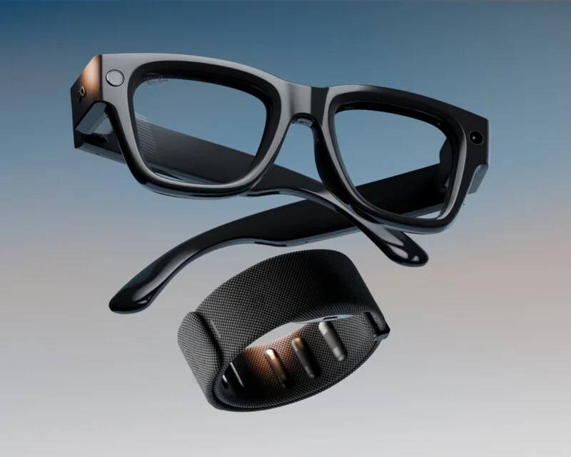 Meta Ray-Ban Display 스마트 글라스와 함께 제공되는 검은색 텍스처 신경 손목밴드 세트. 글라스와 밴드가 공중에 떠 있는 제품 이미지