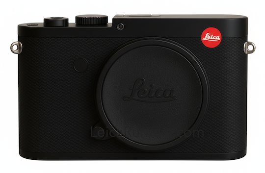Leica M EV1 예상 디자인 렌더. 다이아몬드 패턴 가죽 질감이 적용된 블랙 바디와 상단 조작 다이얼이 보이는 모습.