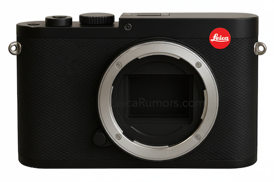 Leica M EV1 루머 렌더 이미지. 전면에 Leica 로고가 새겨진 바디 캡이 장착되어 있으며, 레인지파인더 창이 없는 깔끔한 디자인.