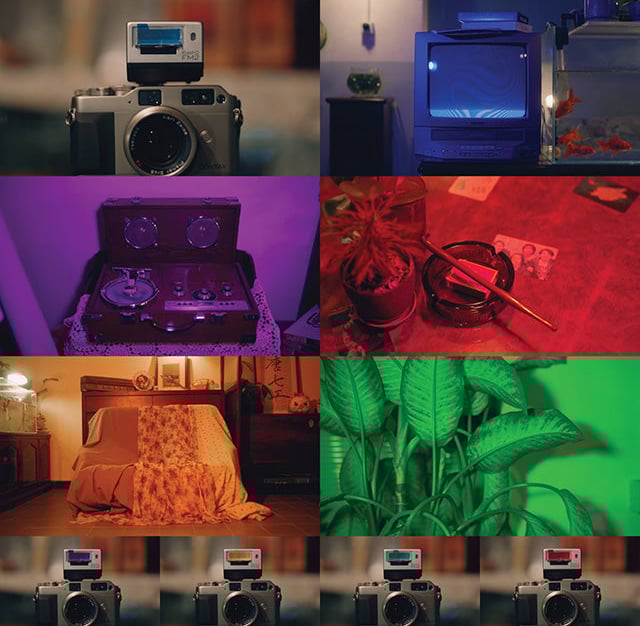 LightPix Labs FlashQ FM2로 촬영한 다양한 색감 테스트 이미지 모음. 보라색, 빨강, 초록 등 컬러 젤을 활용한 조명 실험 장면과 콘탁스 카메라에 플래시를 장착한 여러 컷이 콜라주 형태로 구성되어 있다.