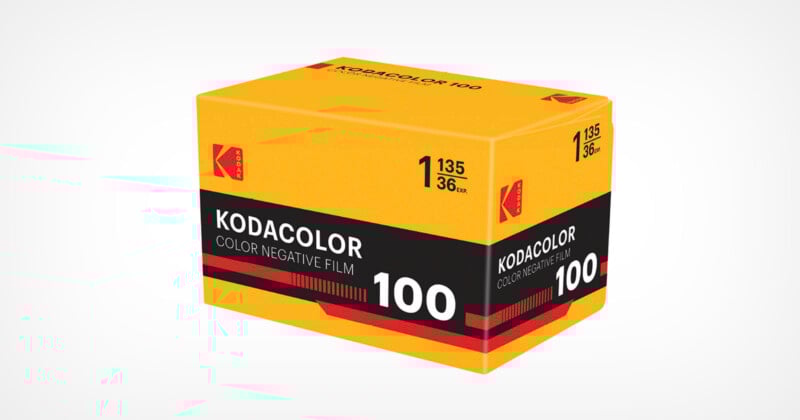 노랑과 검정 색상이 조화를 이루는 Kodak Kodacolor 100 35mm 컬러 네거티브 필름 박스. ISO 100, 36컷 촬영 가능 표시가 있으며, 레트로 감성의 Eastman Kodak 로고 디자인이 적용된 패키지.