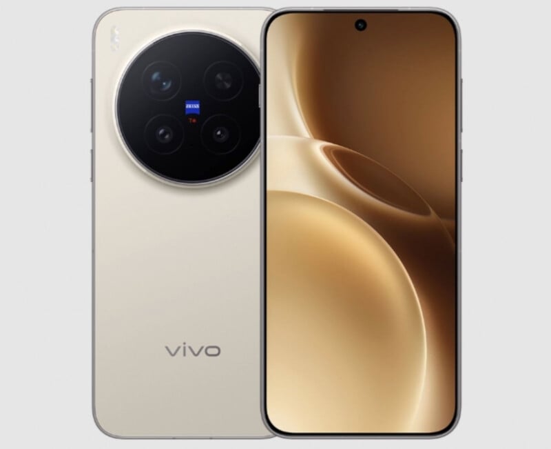Vivo X300 Pro 스마트폰의 전면과 후면 모습. 전면은 베젤이 거의 없는 풀스크린 디스플레이와 중앙 펀치홀 카메라가 보이고, 후면은 원형 Zeiss 트리플 카메라 모듈과 ‘vivo’ 로고가 새겨져 있다. 금색 메탈릭 마감이 특징이다.