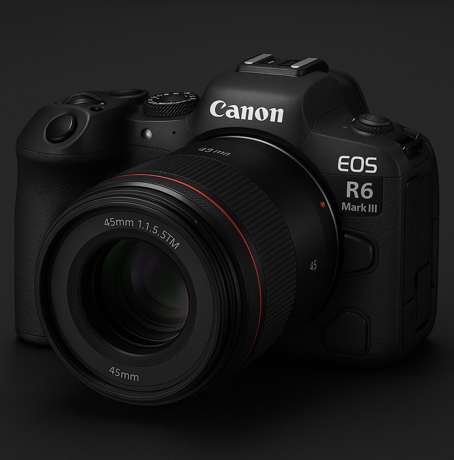 캐논 EOS R6 Mark III 미러리스 카메라에 RF 45mm f/1.2 STM 렌즈가 장착된 제품 이미지. 검정색 바디와 빨간 렌즈 링이 어두운 배경 위에서 강조되며, 고급스러운 디자인과 32MP 센서 탑재를 보여준다.